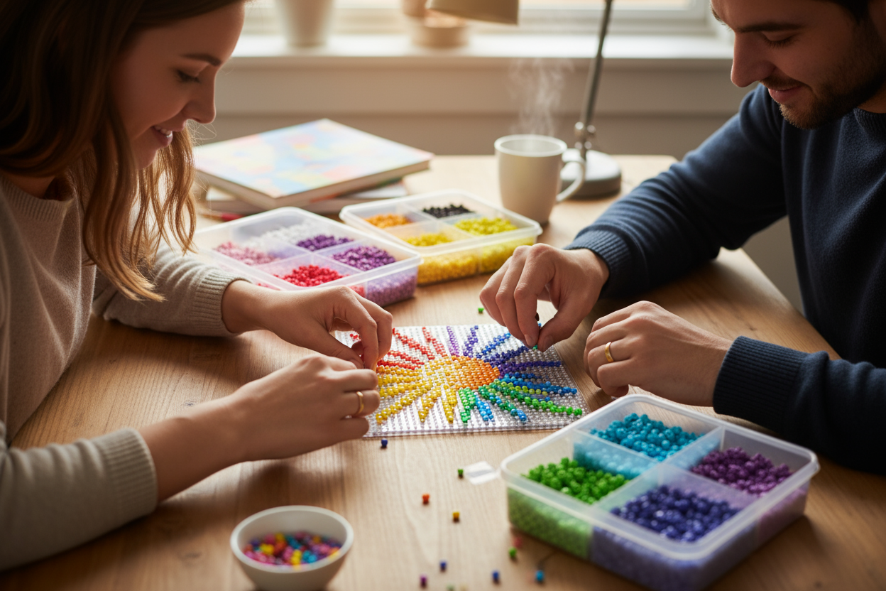 couple entrain de faire un tableau en perle fer a repasser