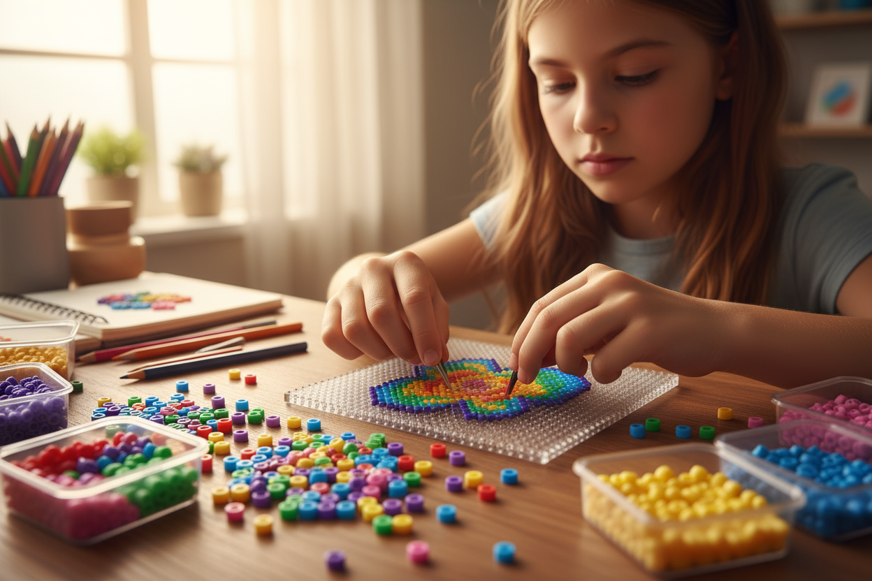 fille creative faisant un tableau en perle fer a repasser