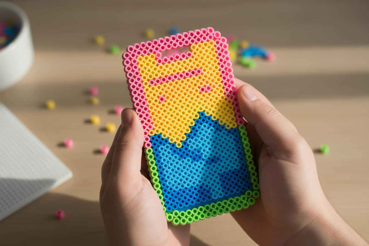 personne qui a un telephone fait en perle fer a repasser