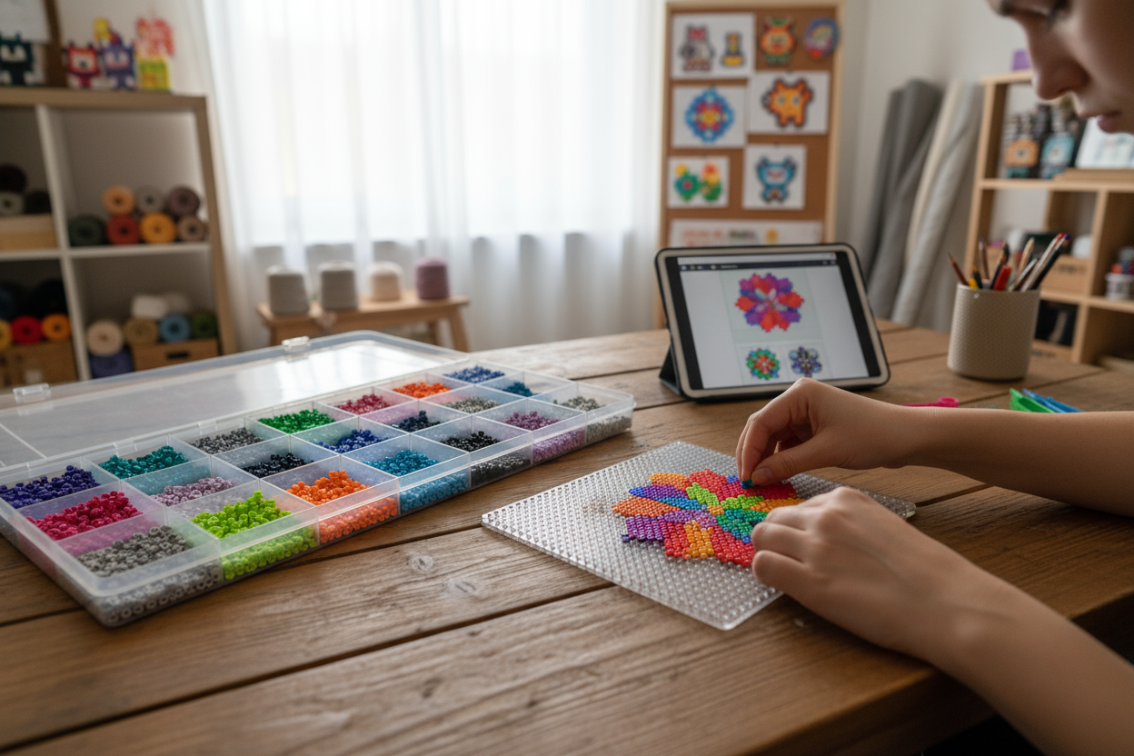 personne qui apprend a faire un tableau en perle fer a repasser