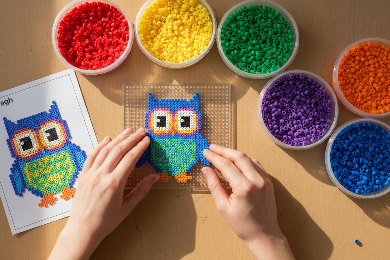 personne qui assemble des perles a repasser en suivant un modele