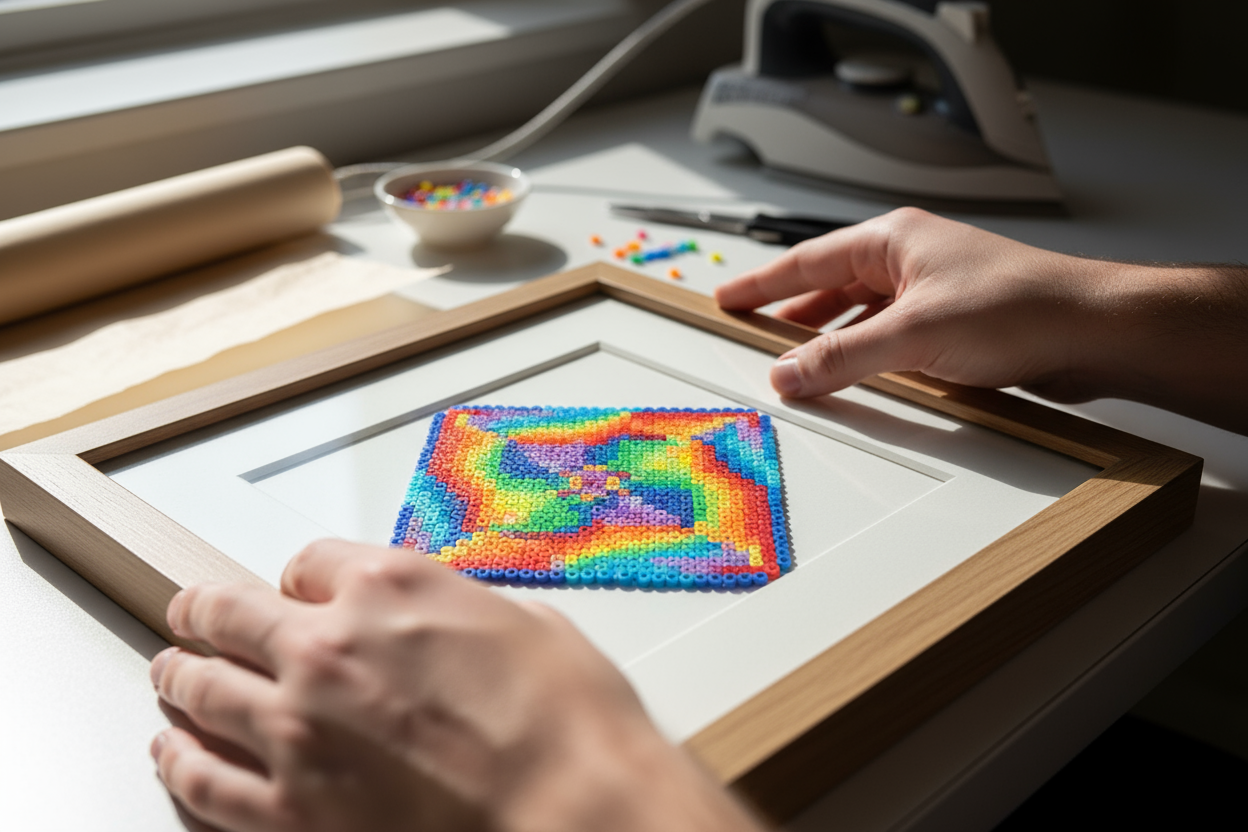 personne qui encadre un tableau en perles fer a repasser