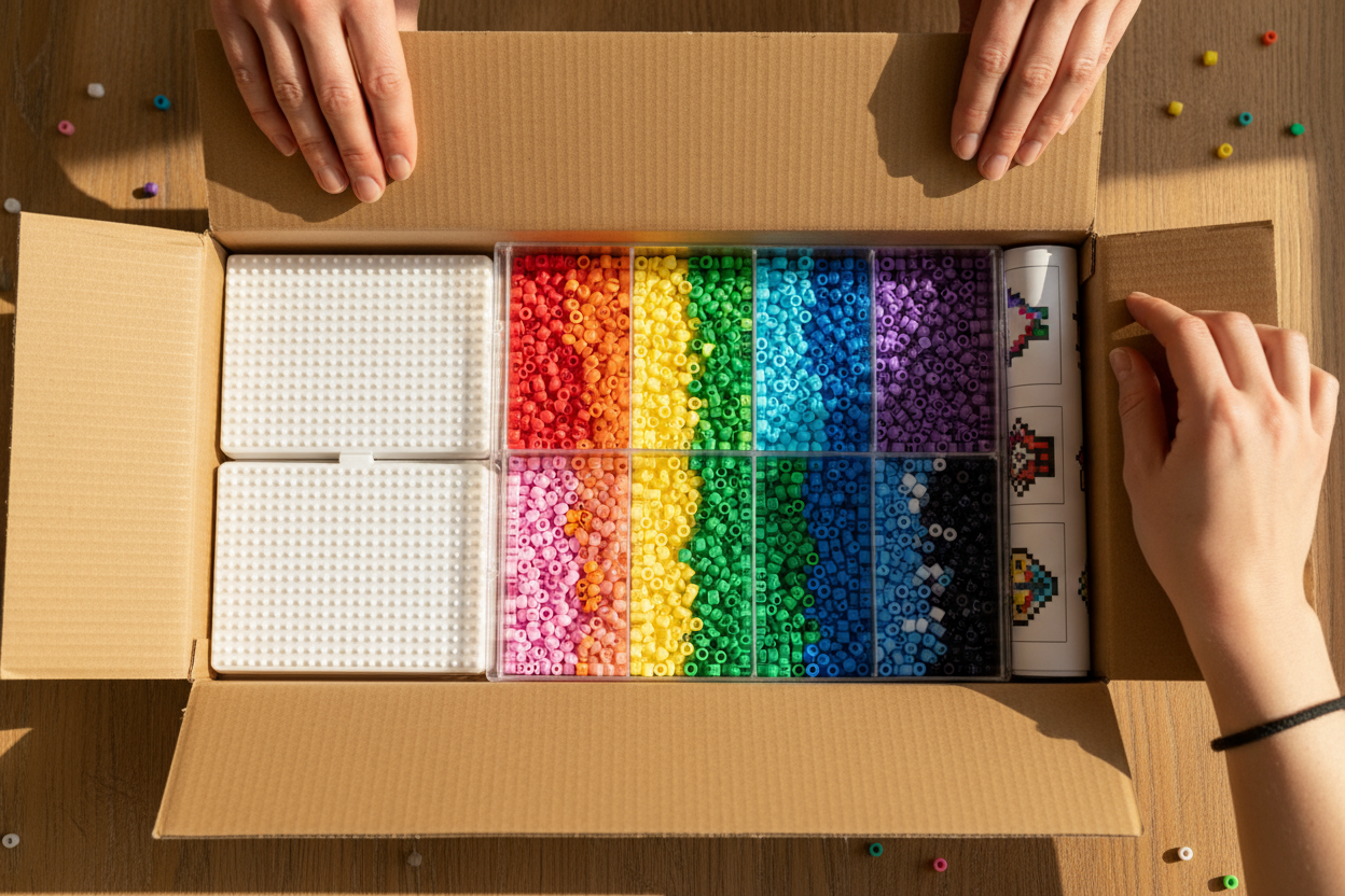 personne qui ouvre un carton contenant un kit de perles a repasser