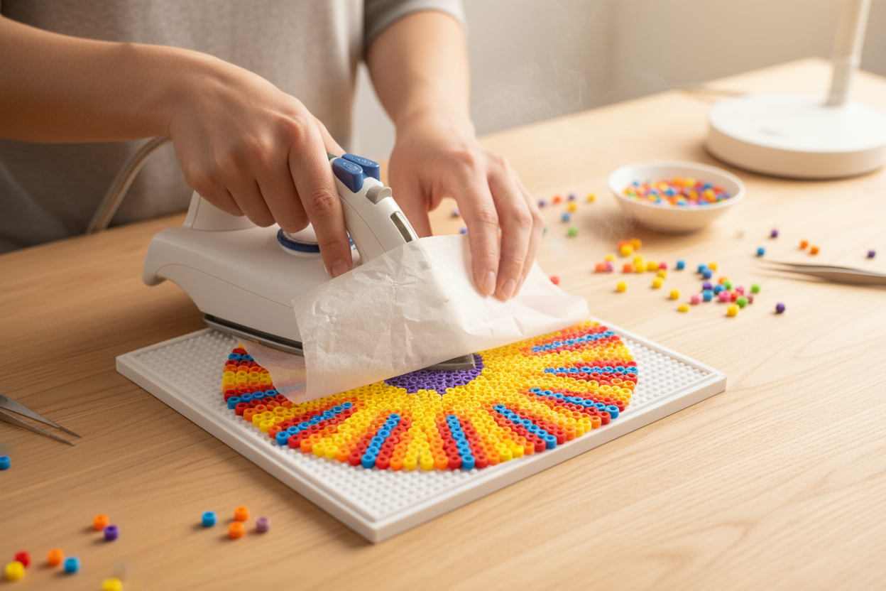 personne qui repasse un tableau en perle fer a repasser avec une feuille de protection