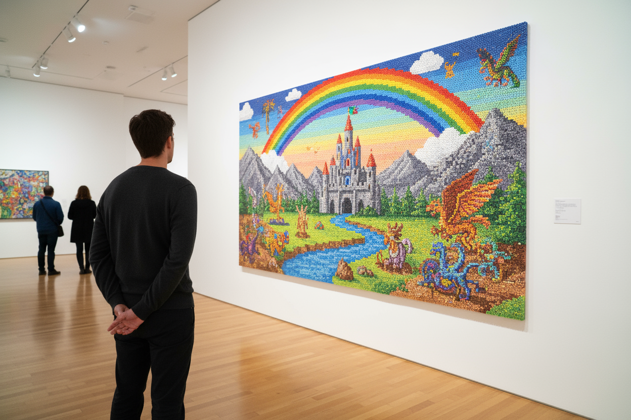 personne regardant un tableau fait en perle fer a repasser a une exposition